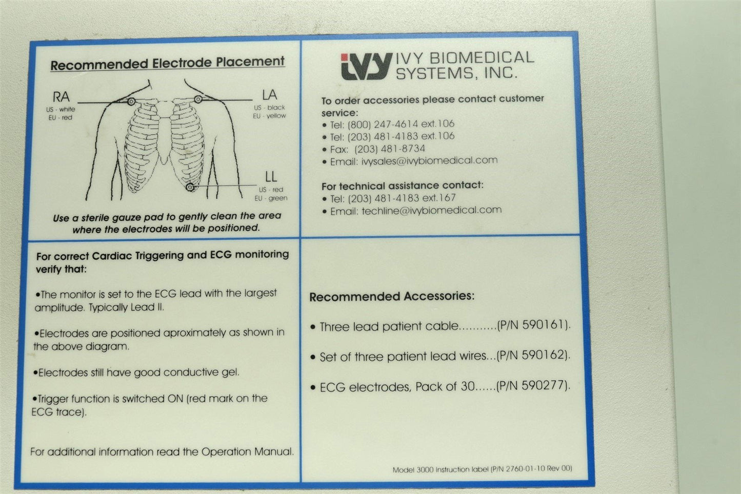 IVY Biomedical Cardiac Trigger Monitor 3000 With A New 3-Lead Cable