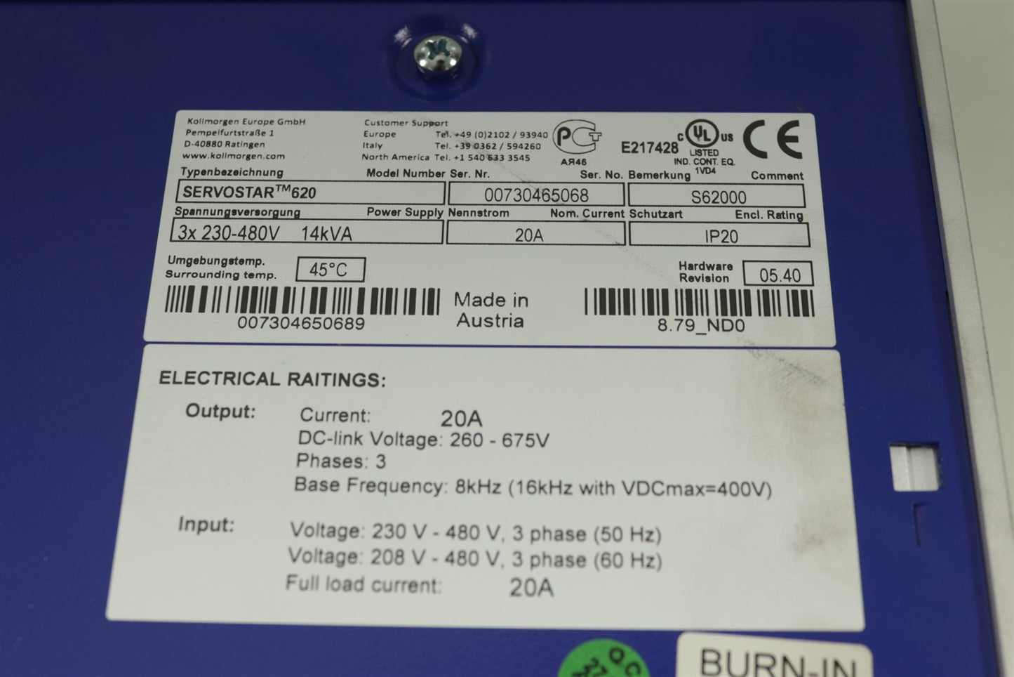 Kollmorgen SERVOSTAR 620 Seidel 3x 230-480V 14kVA 20A S62000