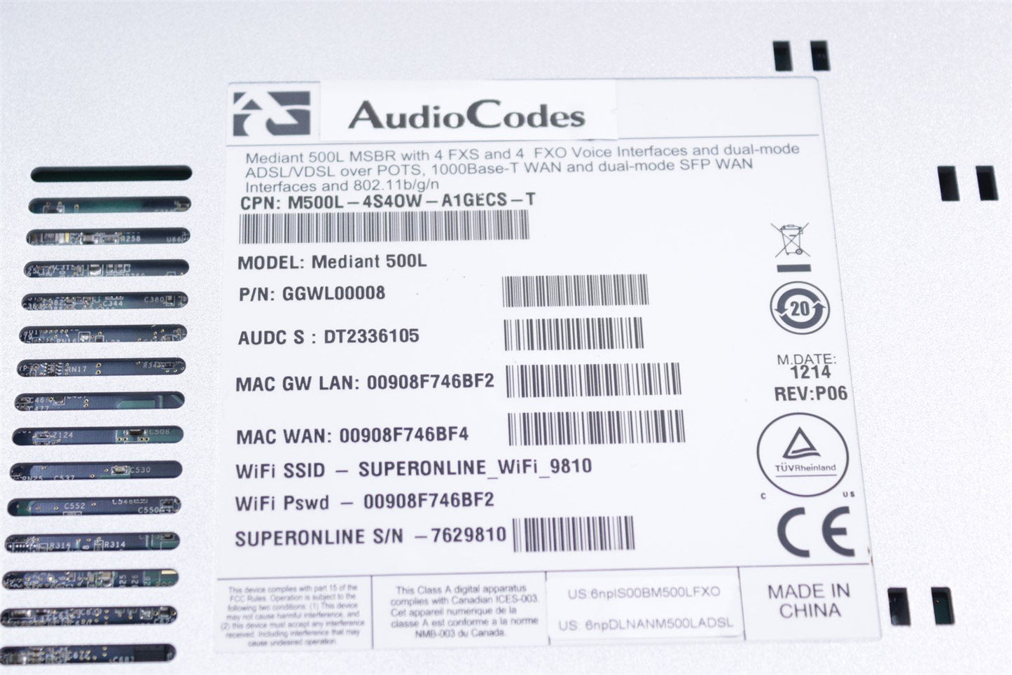AudioCodes Mediant 500L MSBR M500L-4S4OW-A1GECS-T All-in-one Router GGWL00008