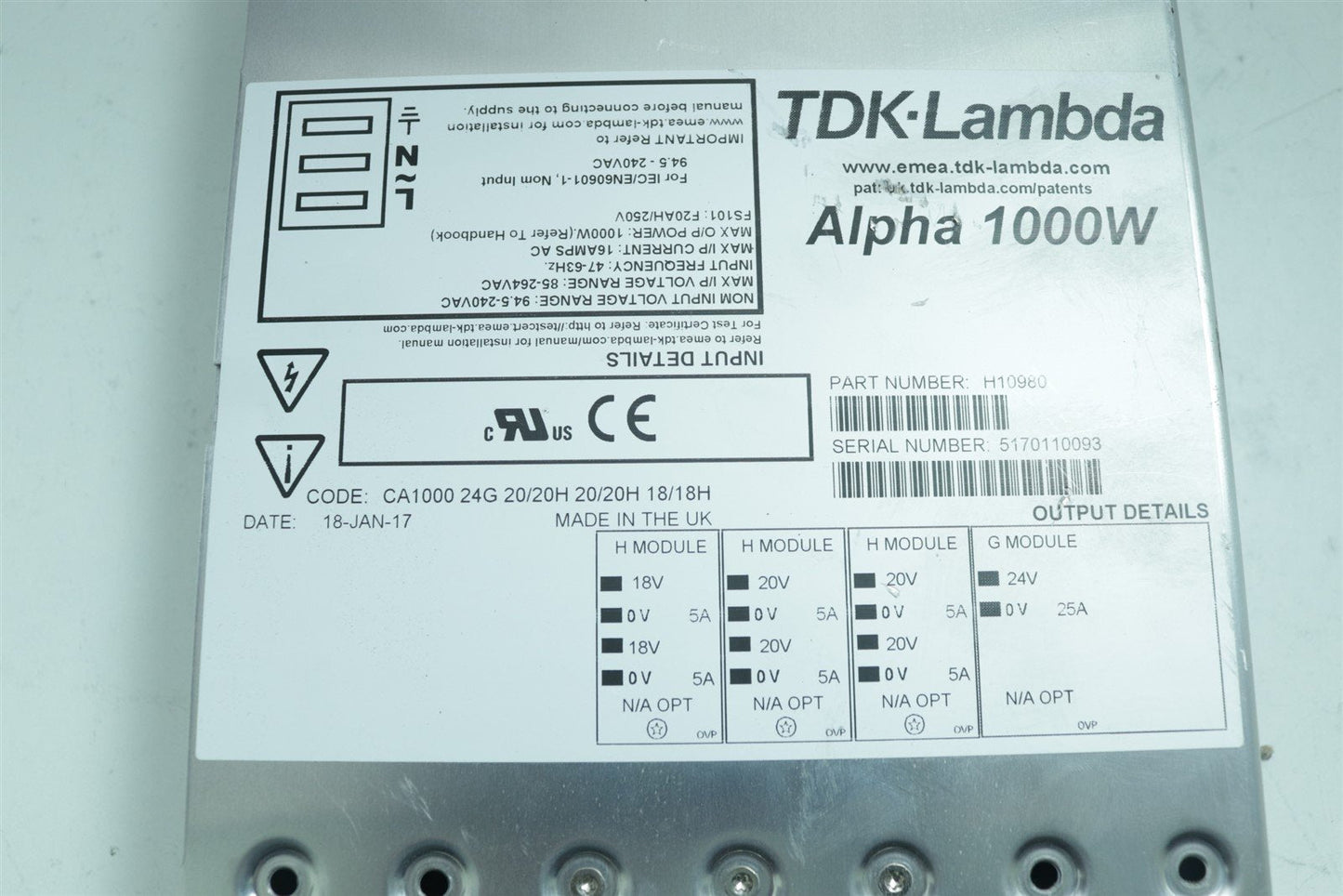 TDK-Lambda Alpha 1000W Switching Power Supplies H10342
