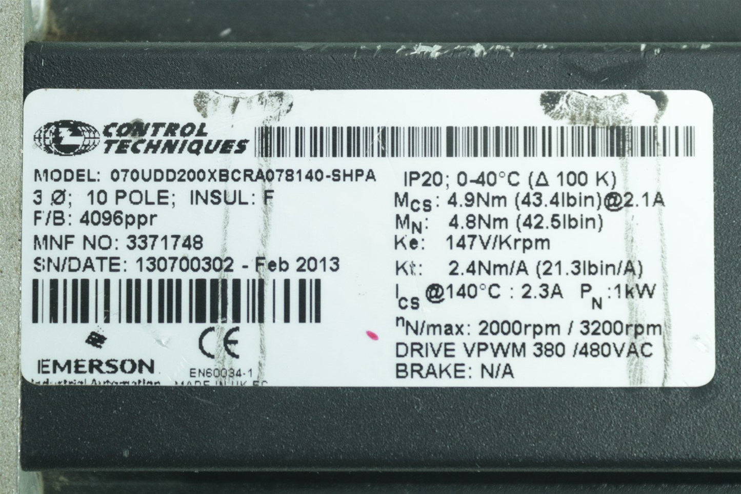 CONTROL TECHNIQUES Unimotor 070UDD200XBCRA078140-SHPA Servo Motor ServoMotor