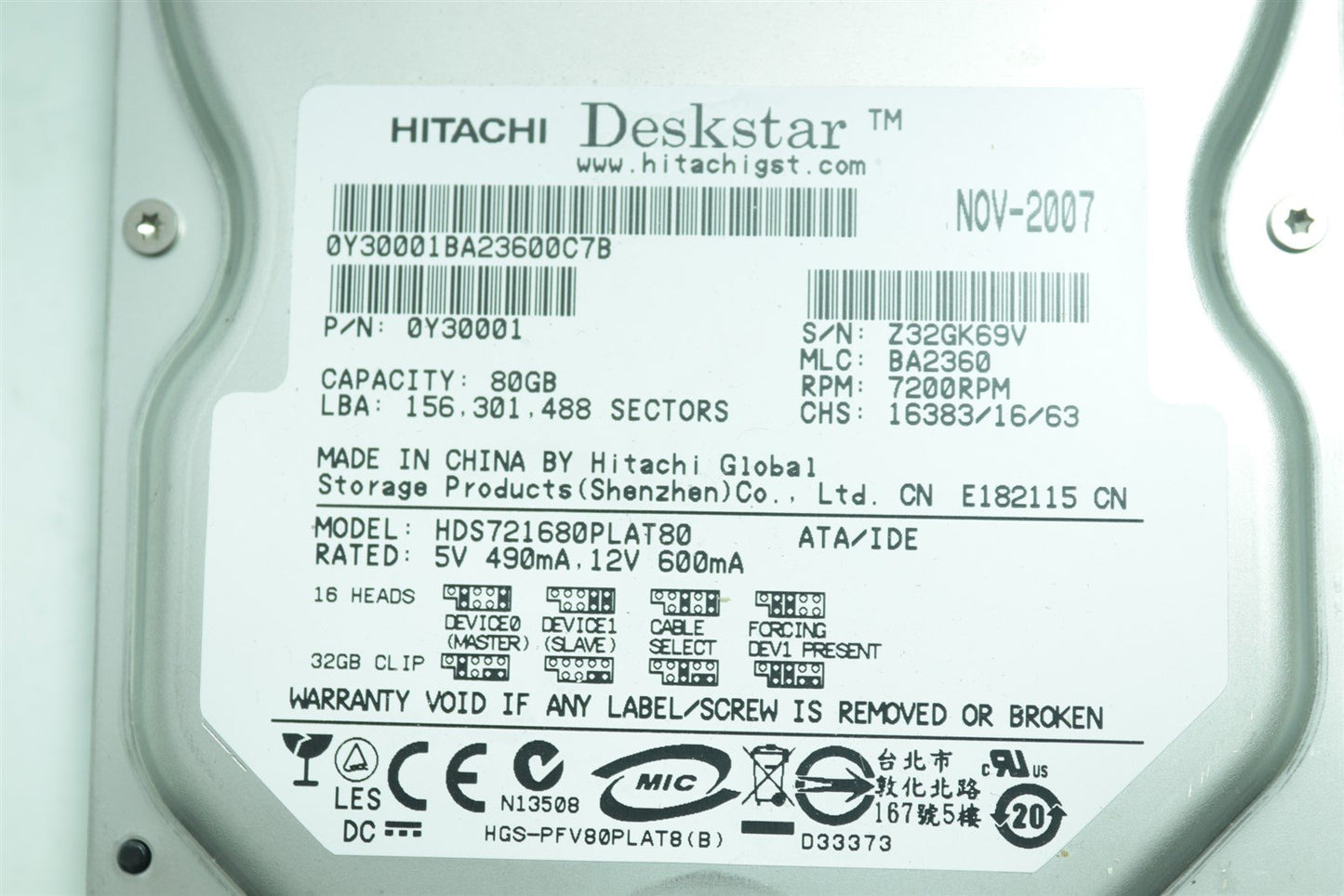 Hitachi Deskstar HHD 80GB 7200RPM HDS721680PLAT80 0Y30001
