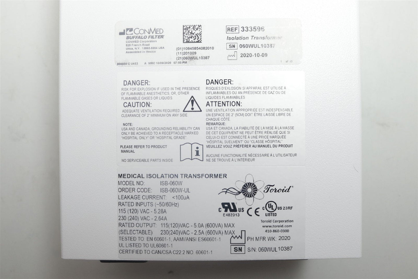 Toroid Medical Grade Isolation Transformer ISB-060W 115VAC 5A 230VAC 2.5A 600VA