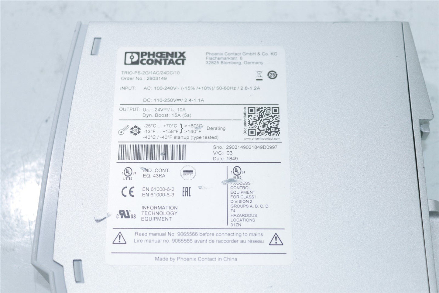 Phoenix Contact TRIO-PS-2G/1AC/24DC/10 Power Supply 2903149 I:100-240V O:24V 10A