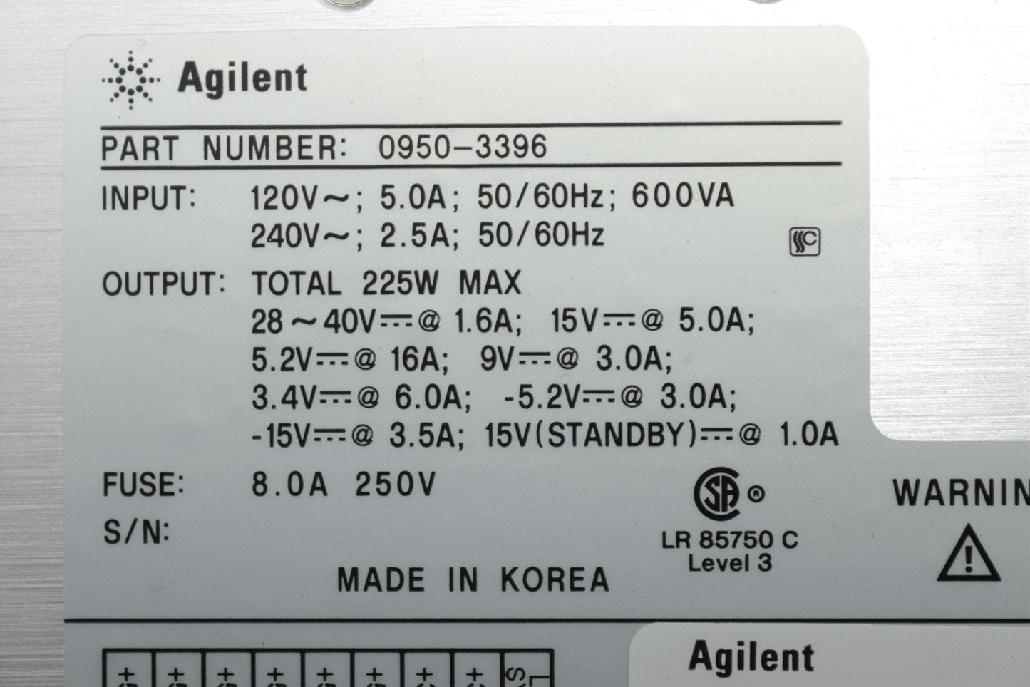 Agilent 0950-3396 Power Supply 225W 28~40V-1.6A 15V-5A 5.2V-16A 9V-3A 3.4V-6A