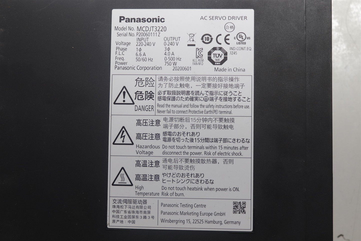 Panasonic Servo Driver 240V 3ϕ 4.0A 750W 500Hz MCDJT3220