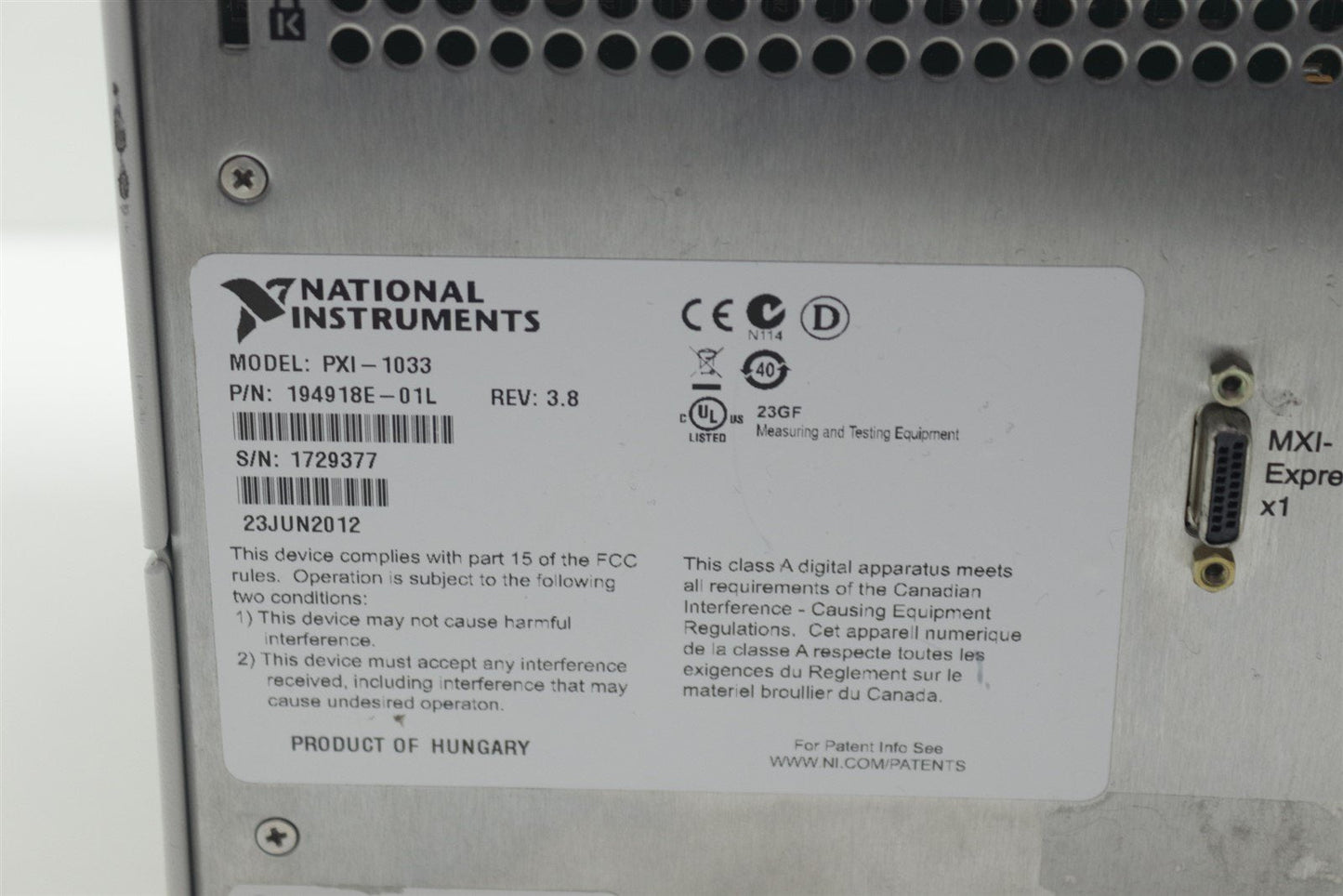 National Instruments NI PXI-1033 Mainframe 194918E-01L REV 3.8