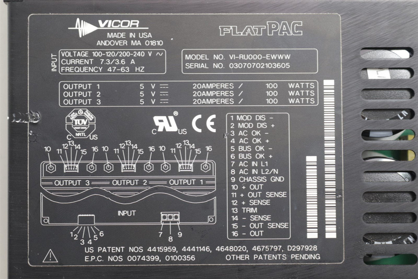 Tested Vicor FLATPAC VI-RU000-EWWW 453567374082 110-240V Out- Triple 5V 20A