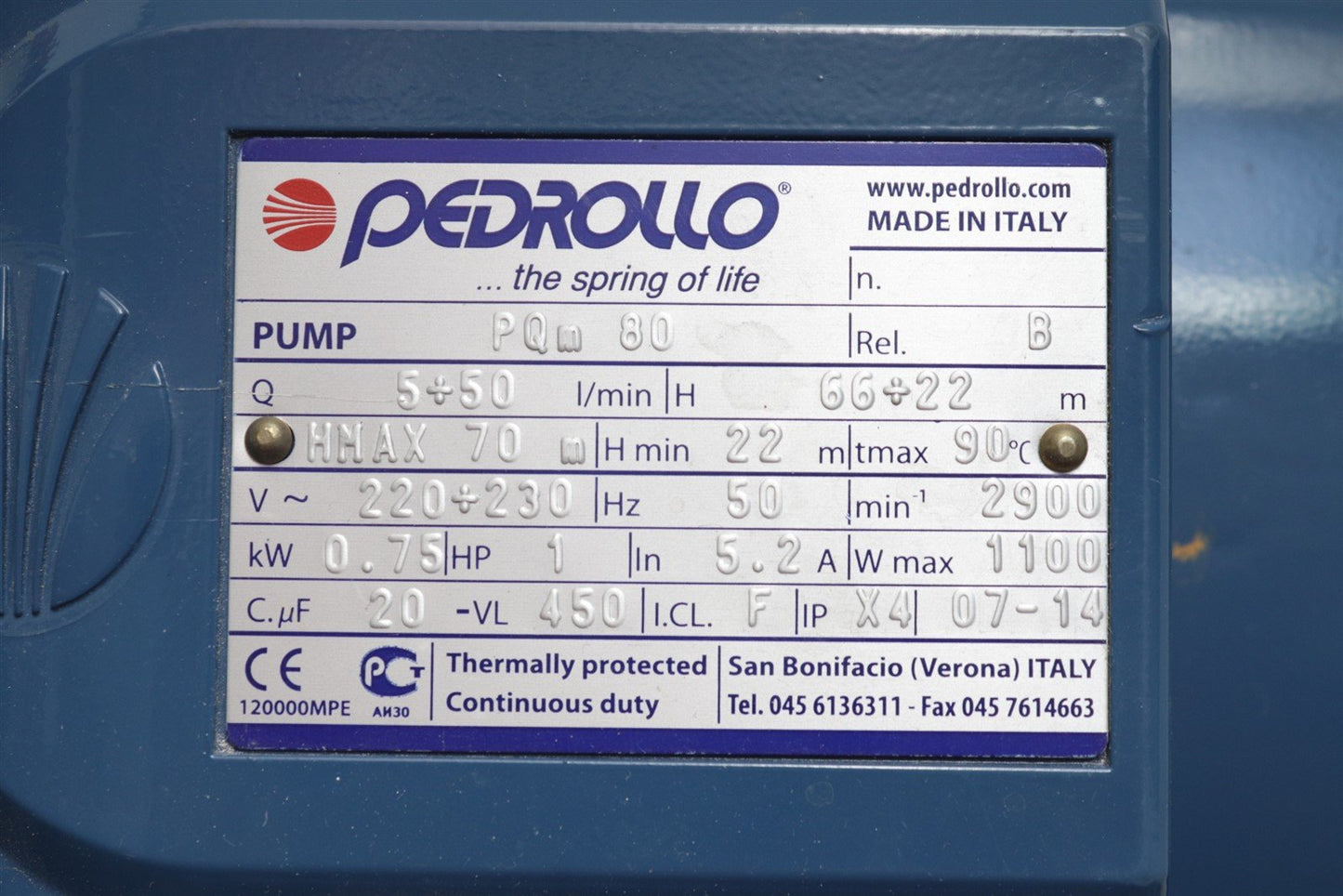 Pedrollo PQm 80 Electric Pump w/ Peripheral Impeller 50L/min 0.75Kw 1HP 1100W