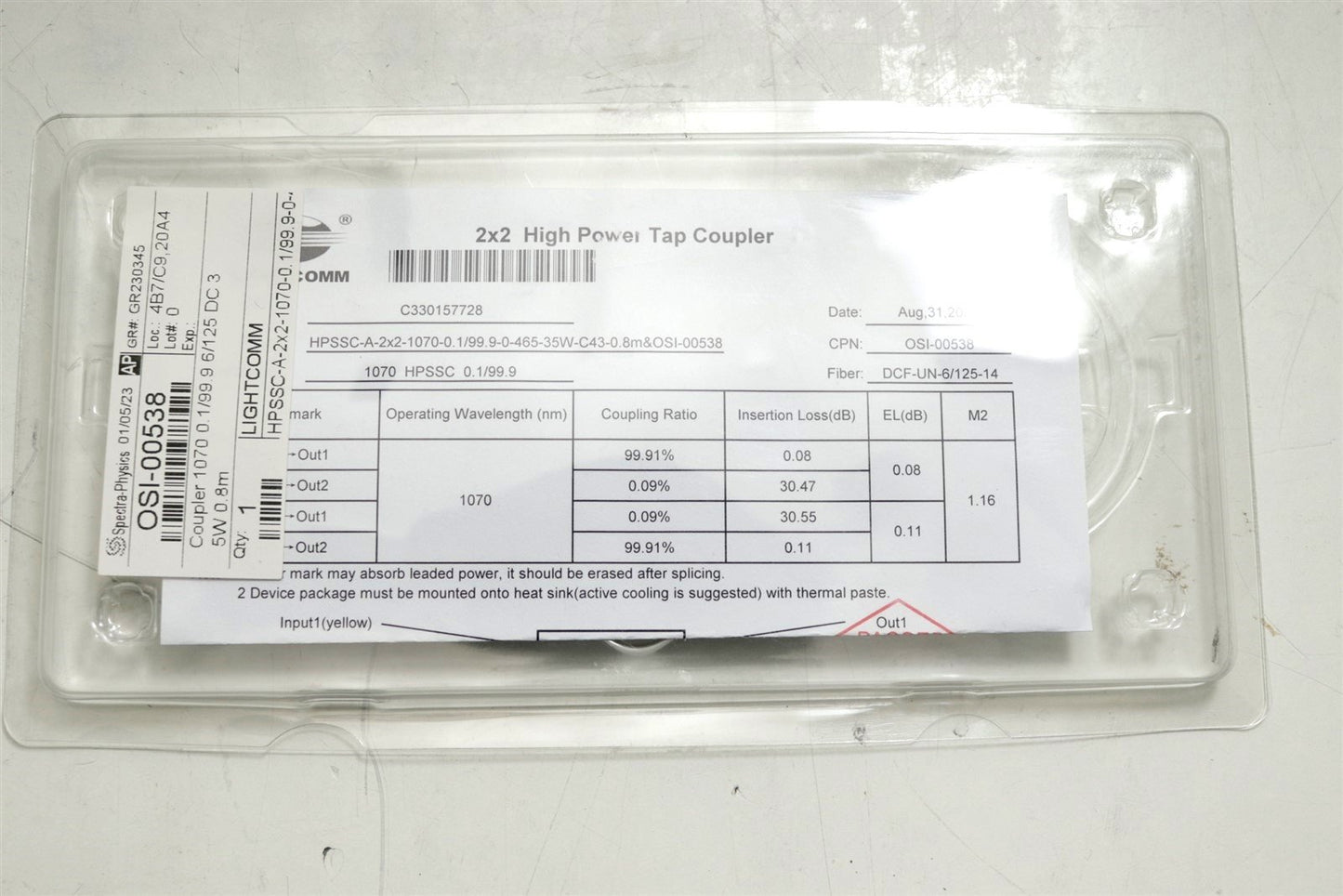 Lightcomm OSI-00538 1070nm Fiber Laser 2x2 High Power Tap Coupler 6/125