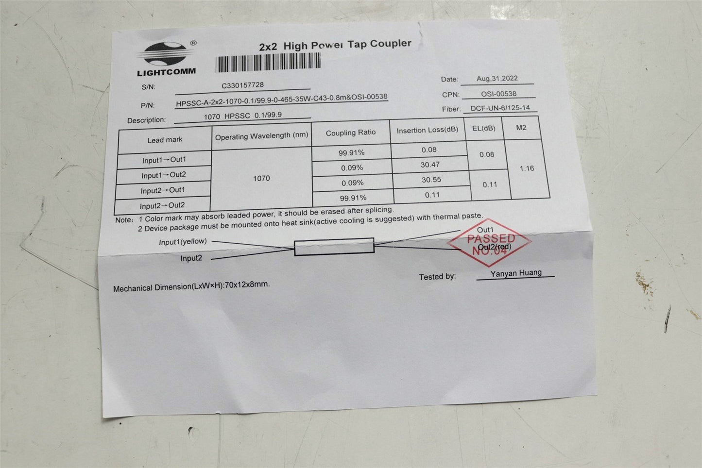 Lightcomm OSI-00538 1070nm Fiber Laser 2x2 High Power Tap Coupler 6/125