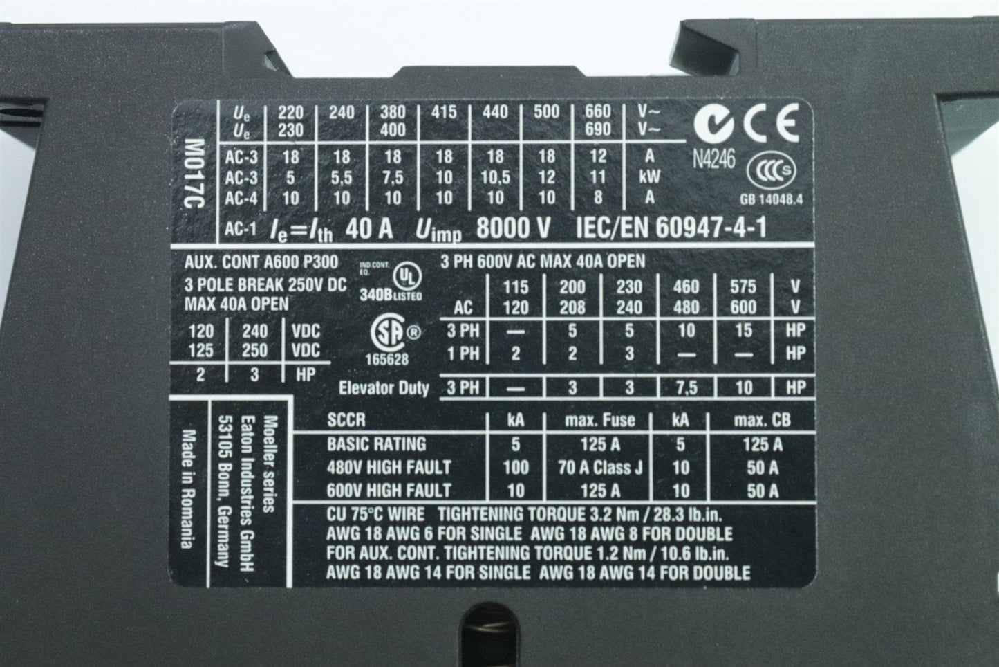 EATON DILM17-10 Contactor 230V50Hz / 240V60Hz XTC018C10