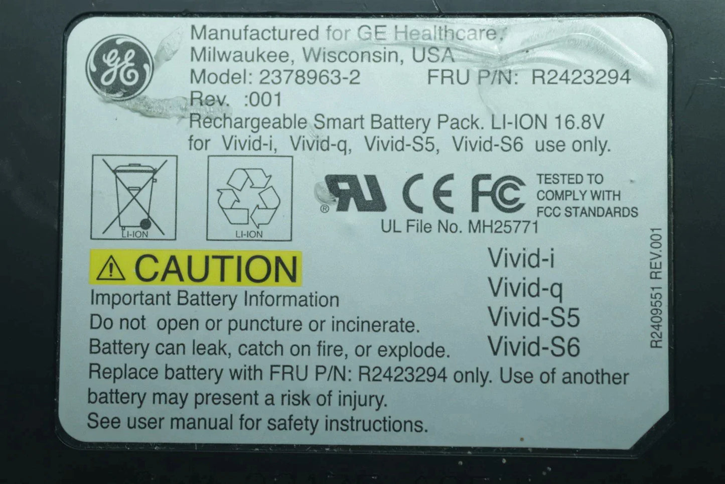 GE HealthCare Vivid i/Q/S5/S6 Rechargeable Smart Battery Pack 2378963-2