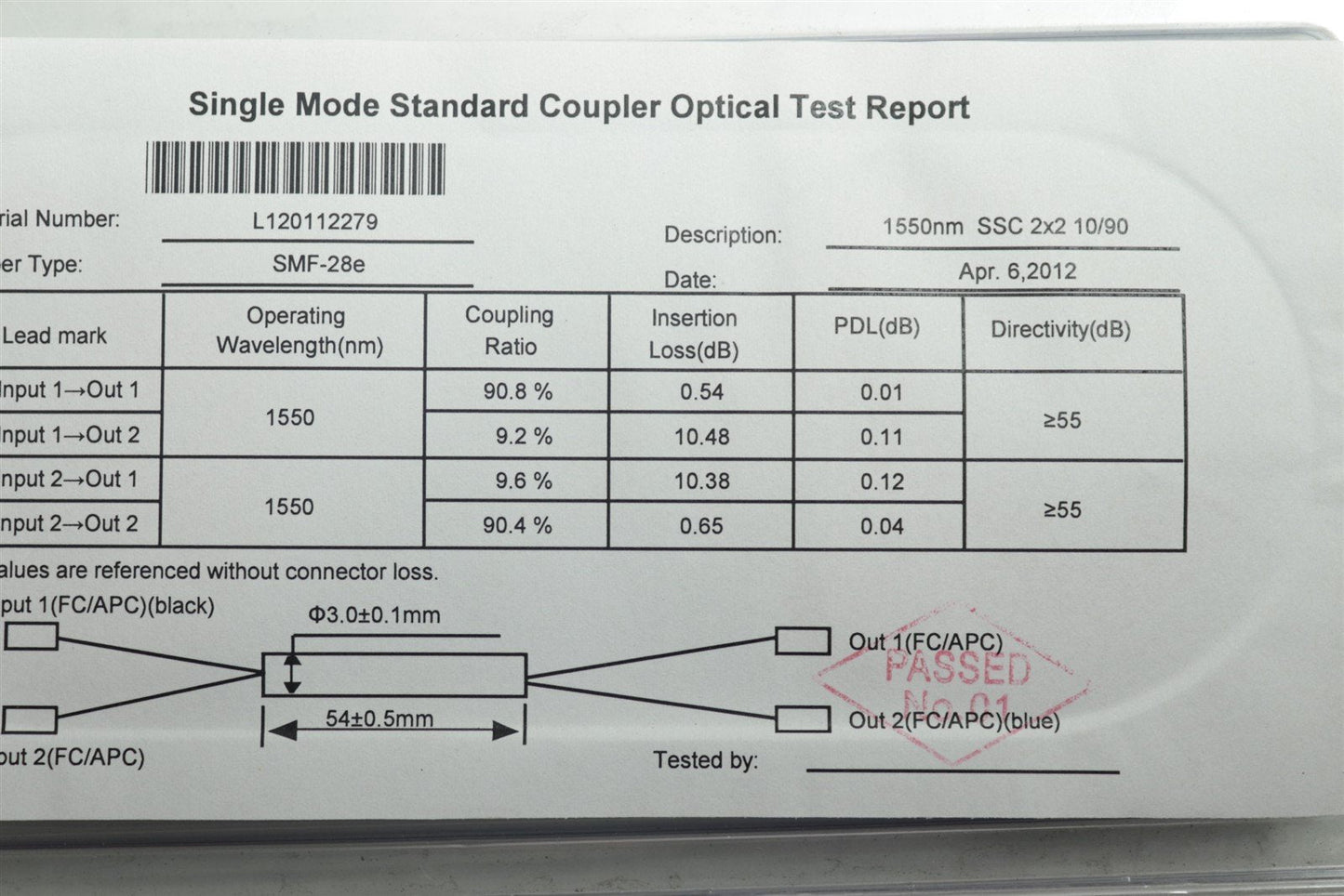 AFW Technologies Single Mode Standard Coupler SMF-28e w/ Optical Test Report