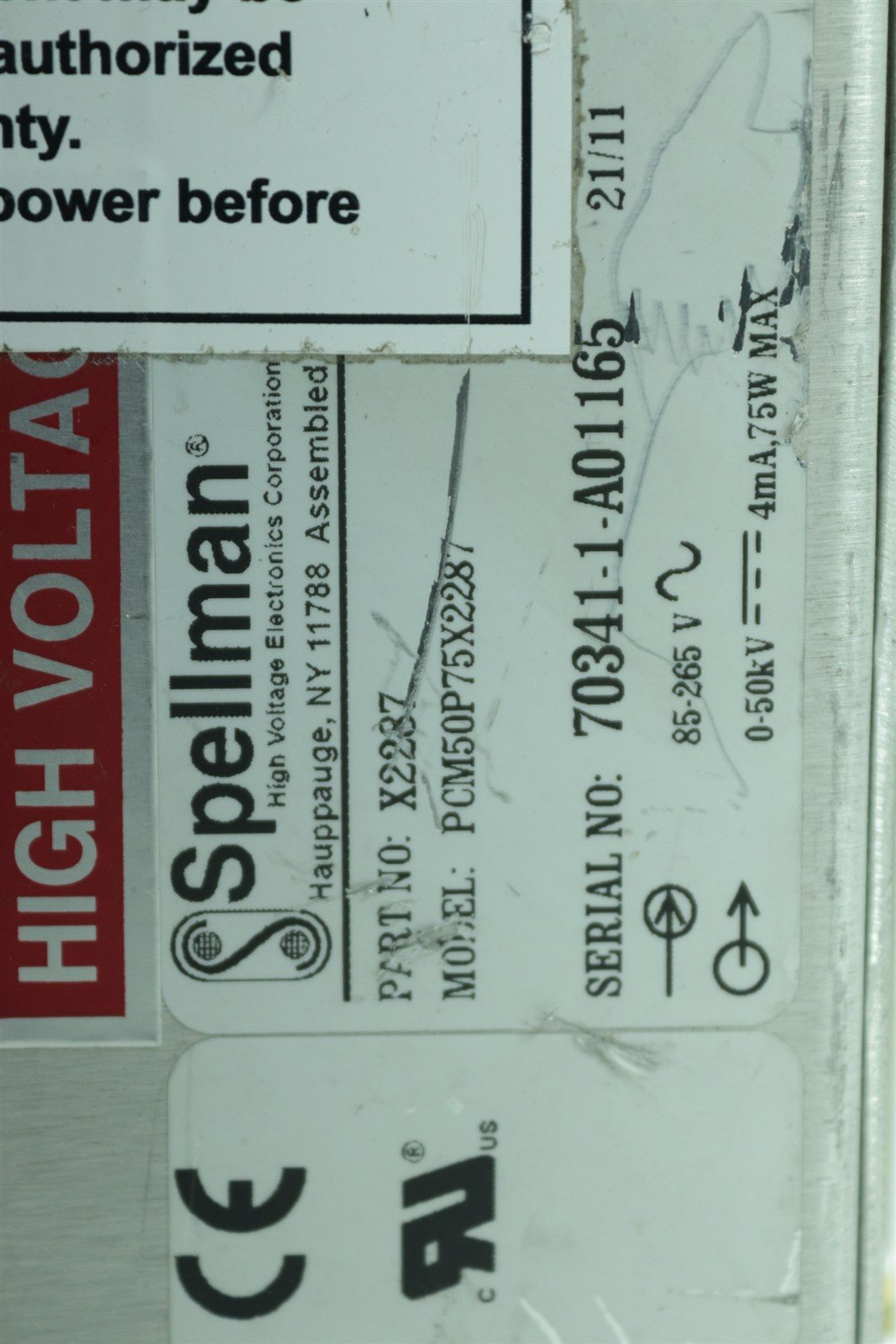 Jordan Valley Bruker Spellman Power Supply PCM50P75X2287 X2287