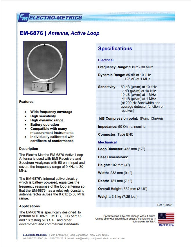 Electro Metrics Active Loop Antenna Liberty Labs Antenna Active Loop EM 6876