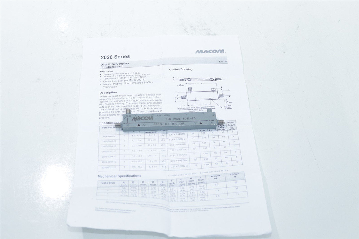 Macom 2026-6012-20 Directional Coupler Ultra-Broadband 0.5-18 GHz 20dB Wideband