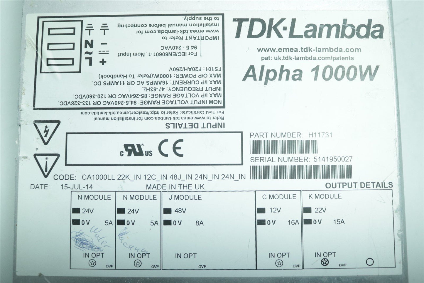 Kornit TDK-Lambda 1000W Switching Power Supplies H10342 ±18V 5A ±20V 5A 24V 25A