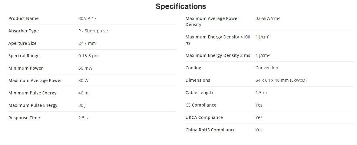 Ophir 30A-P-17 Short Pulse 30W Thermopile Laser Sensor 17mm Aperture 7Z02693