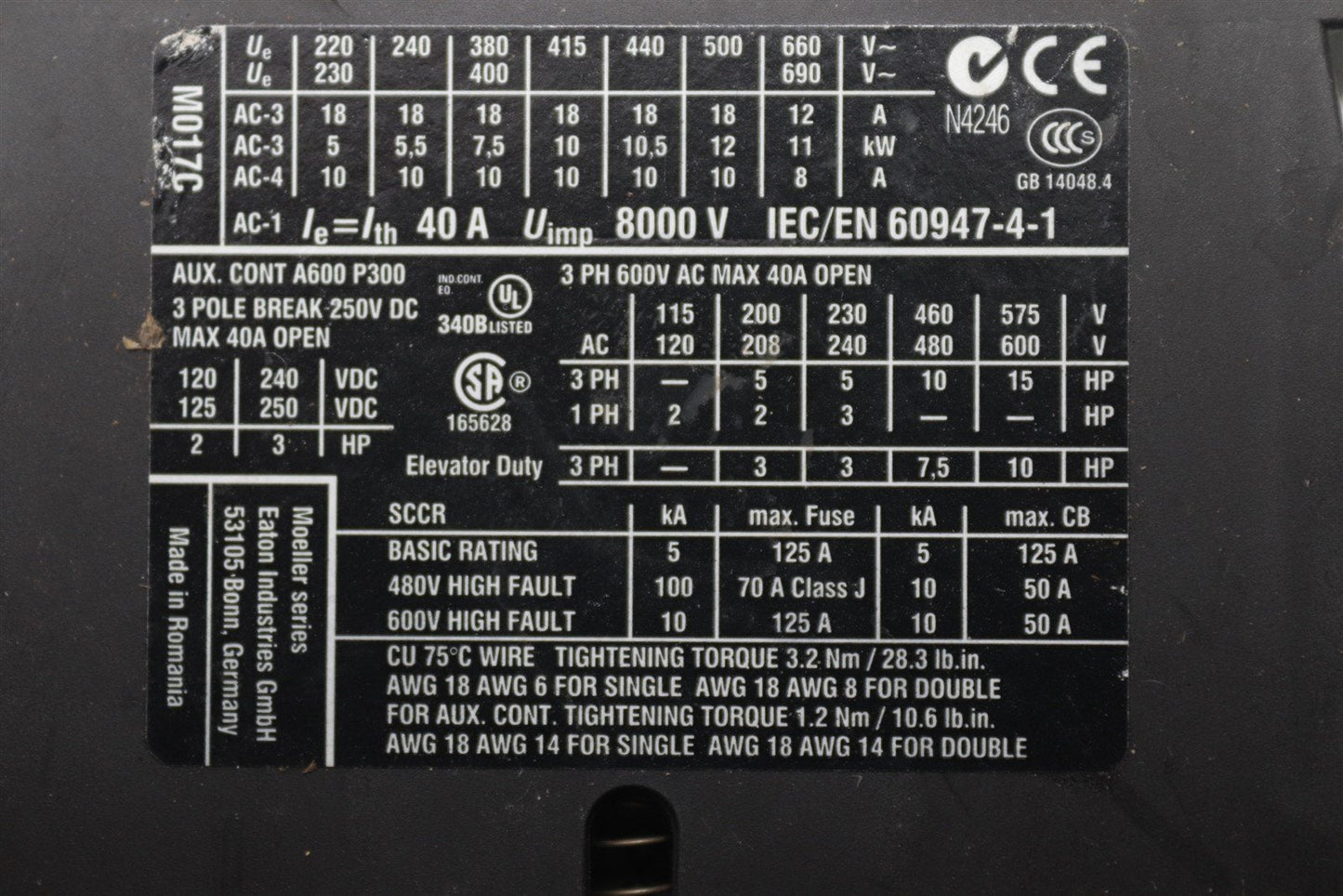 Eaton DIL M17-10 XTCE018C10 Contactor