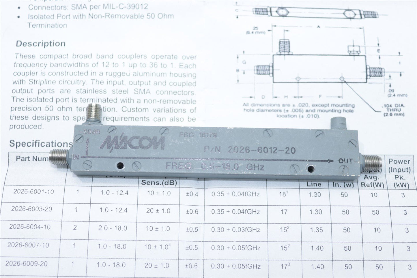 Macom 2026-6012-20 Directional Coupler Ultra-Broadband 0.5-18 GHz 20dB Wideband