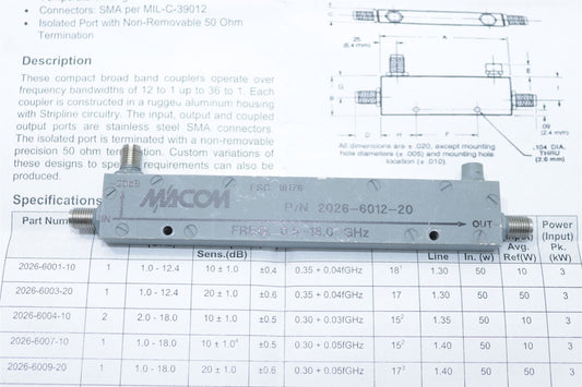 Macom 2026-6012-20 Directional Coupler Ultra-Broadband 0.5-18 GHz 20dB Wideband