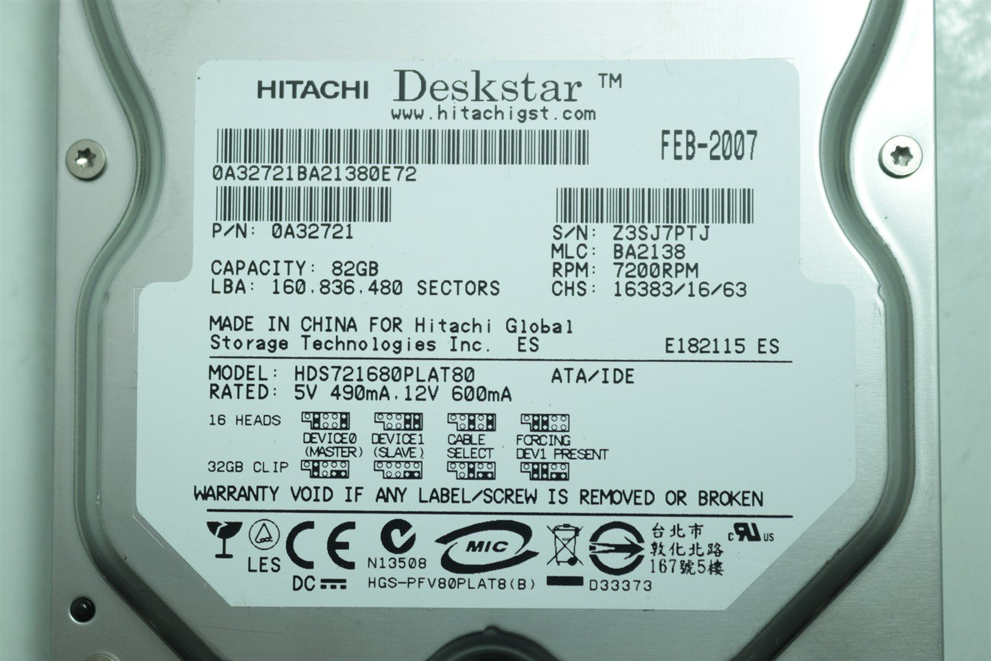 Hitachi Deskstar HHD 82GB 7200RPM HDS721680PLAT80 0A32721