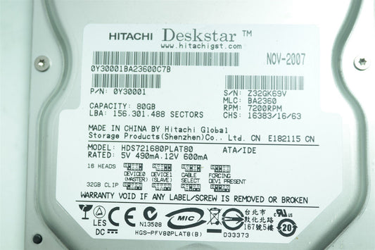 Hitachi Deskstar HHD 80GB 7200RPM HDS721680PLAT80 0Y30001