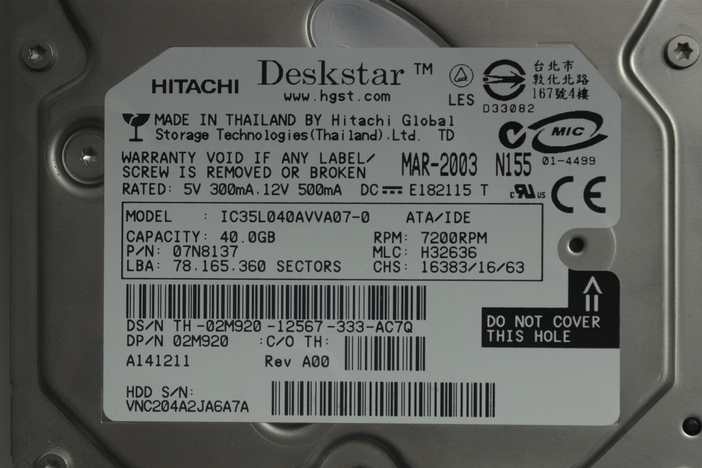 Hitachi Deskstar Hard Disk 41GB 7200RPM 3.5" IDE