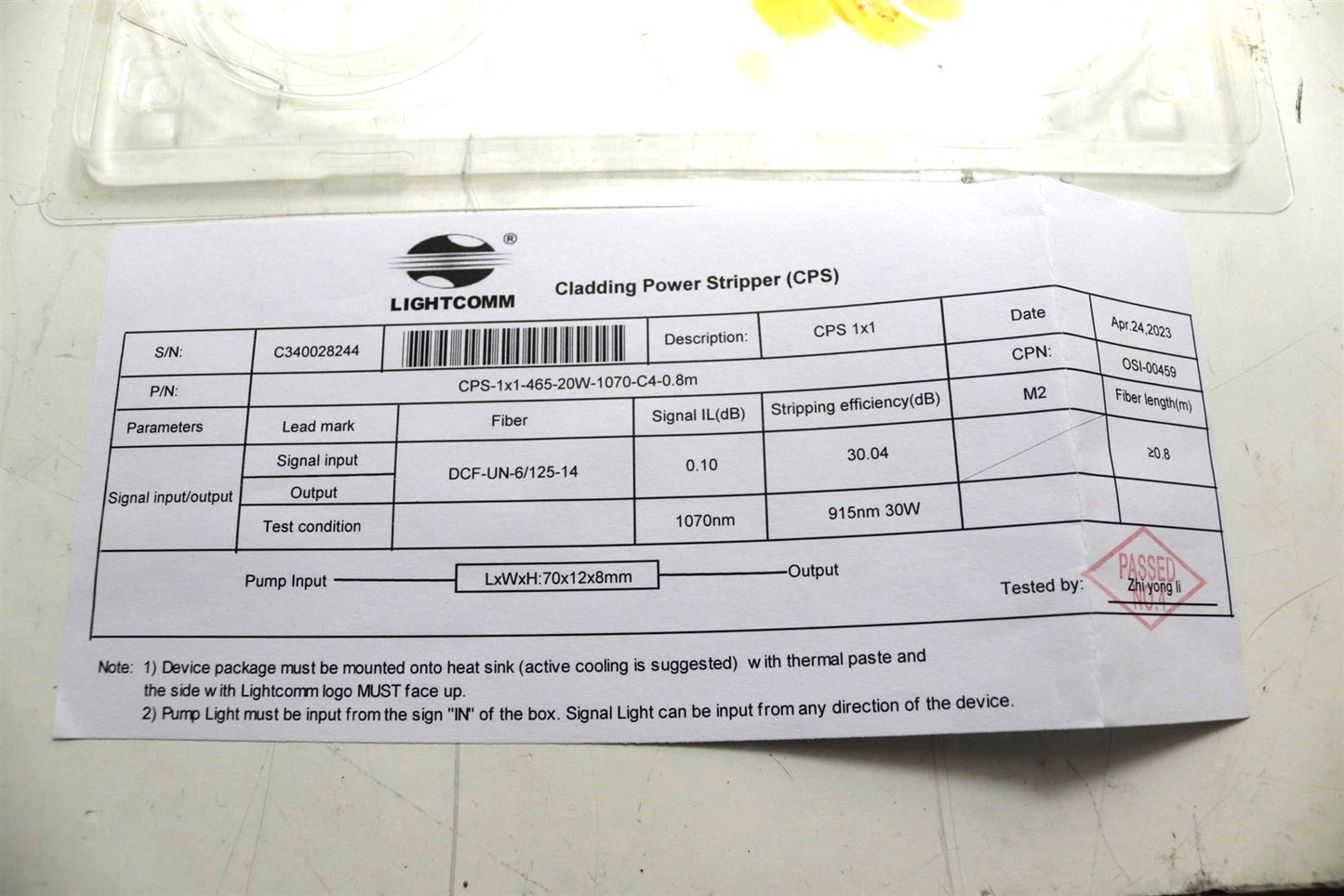 Lightcomm OSI-00459 1070nm Fiber Laser Cladding 915nm Power Stripper 6/125