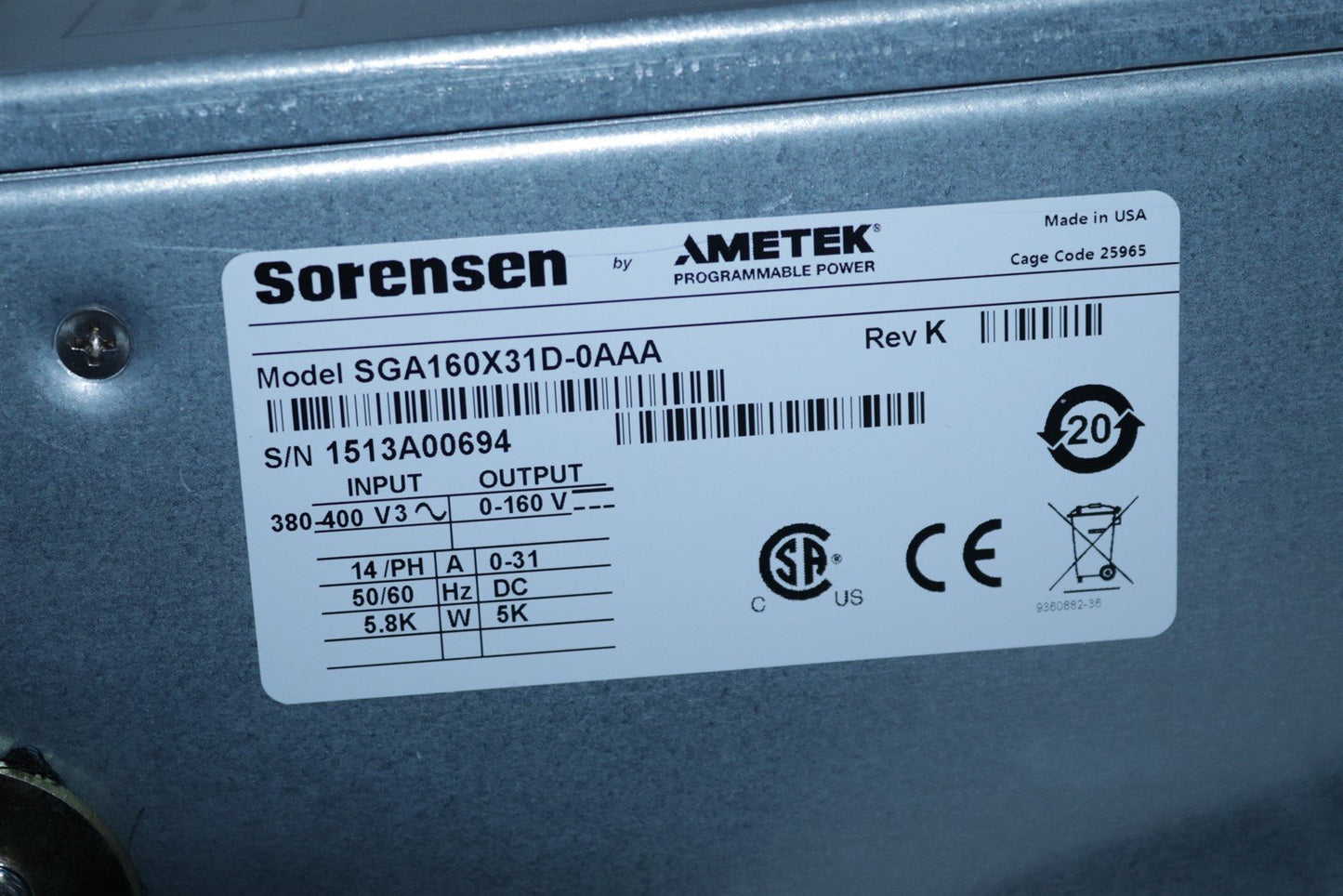 Sorensen Ametek SGA160X31D-0AAA DC Power Supply