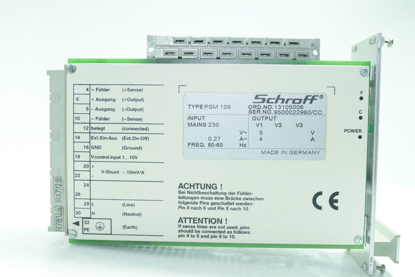 Schroff PSM105 Power Supply 230VAC 0.3A 5V 4A VME AC-DC Linear Regulator Module