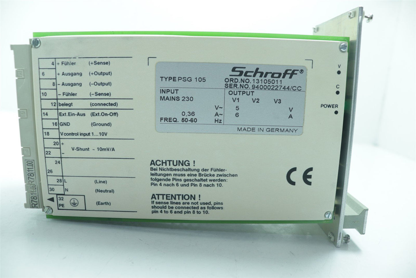 Schroff PSG105 Power Supply 230VAC 0.45A 5V 6A VME AC-DC Linear Regulator Module