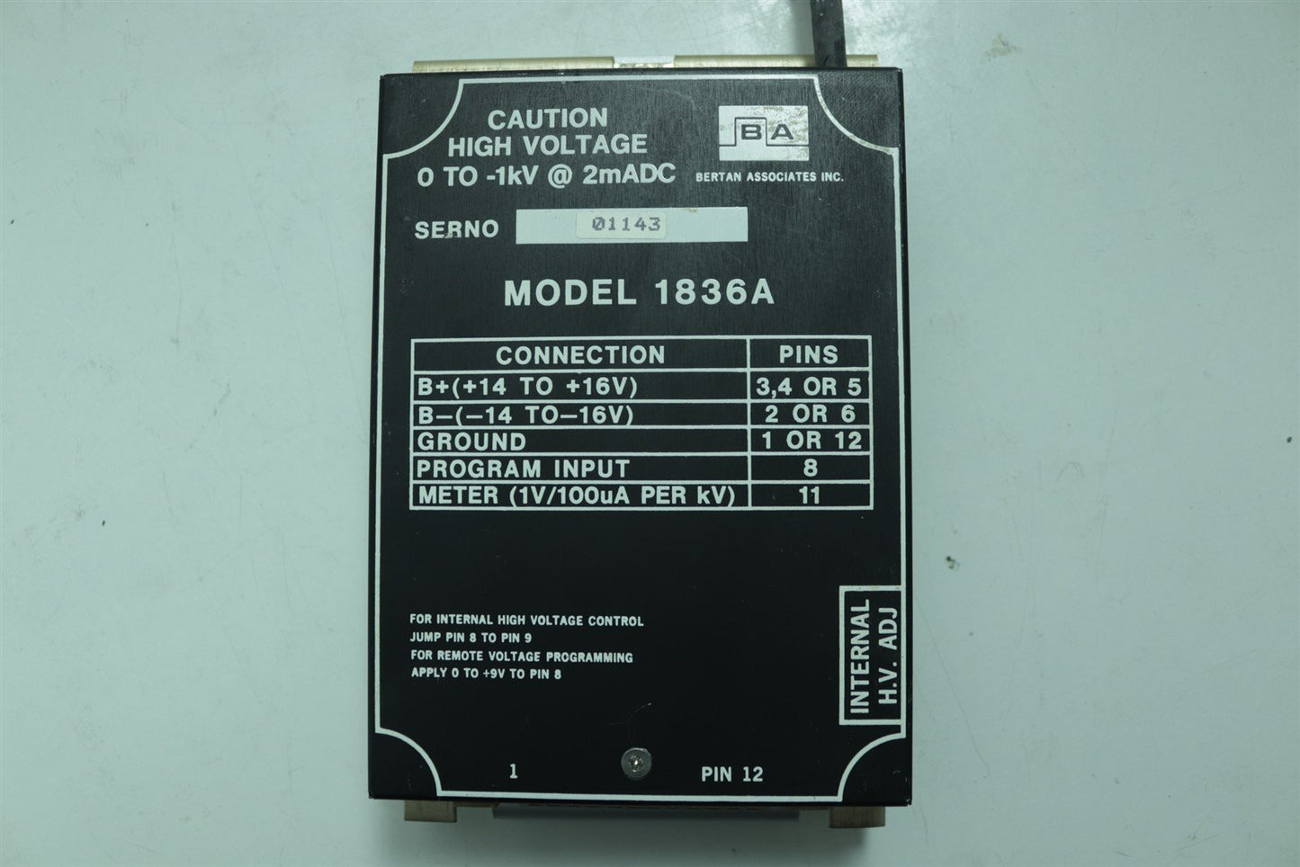 Bertan PMT PhotoMultiplier High Voltage Power Supply 0--1kV 1836A +/-14 +/-16